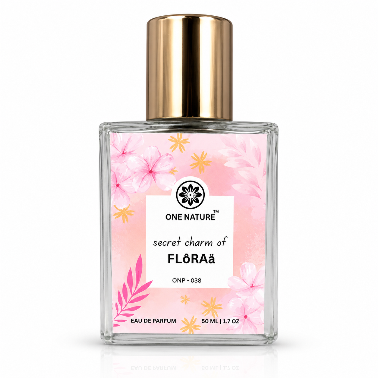 Perfume bottle with floral design and gold cap on a white background
