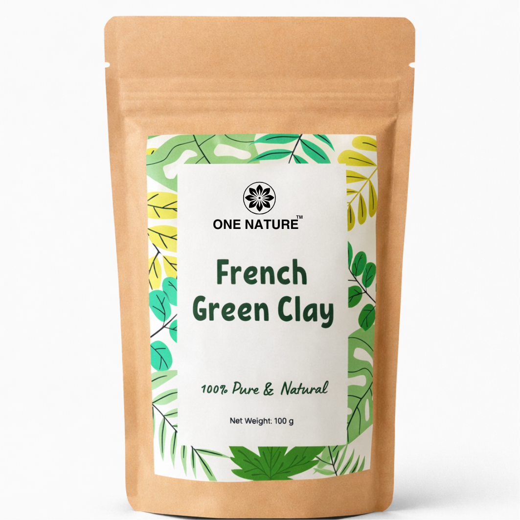 Package of One Nature French Green Clay with leaf design on a white background
