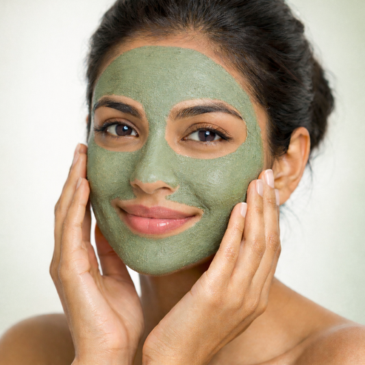 Woman applying a green facial mask on a white background
