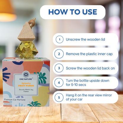 Car perfume bottle with wooden cap and colorful box, featuring usage instructions.