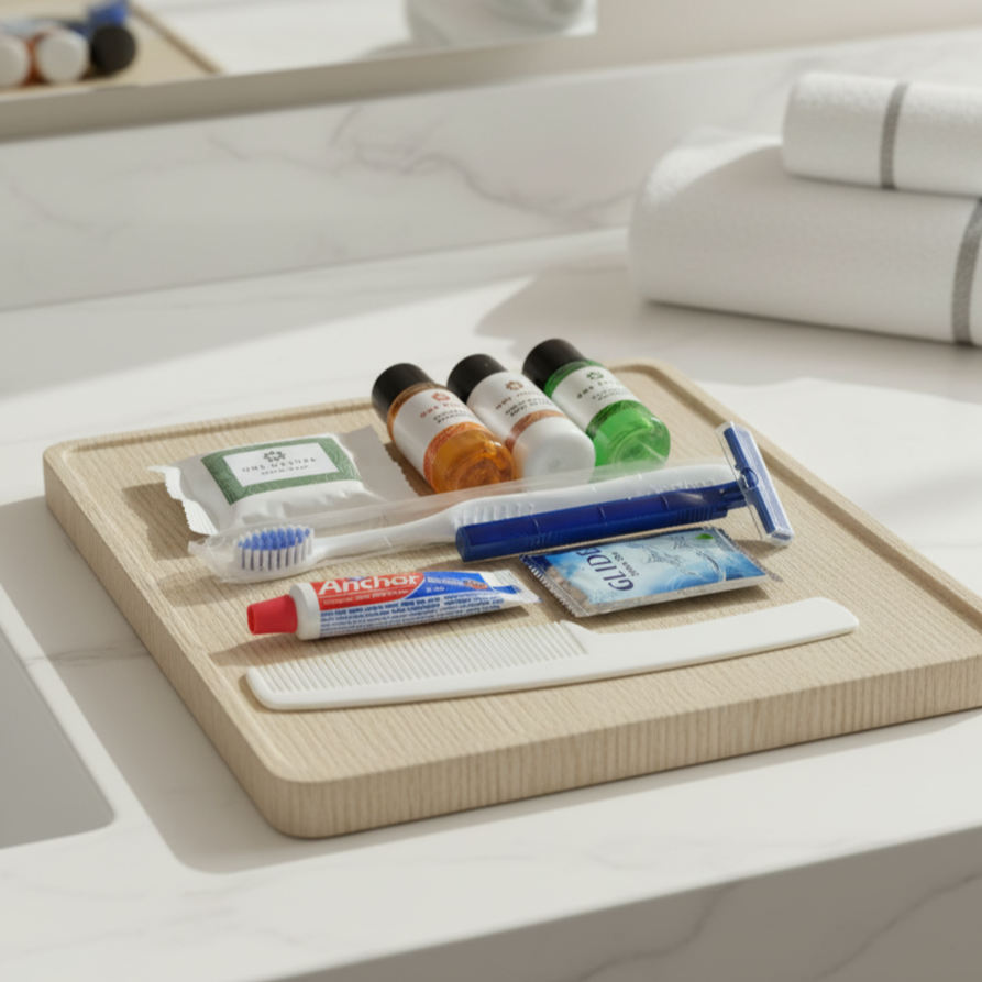 Bathroom counter with toiletries on a tray