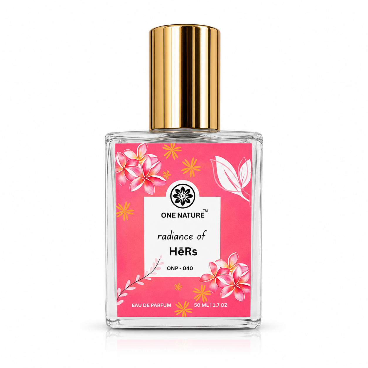 Perfume bottle with pink label and gold cap on white background