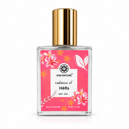 Perfume bottle with pink label and gold cap on white background