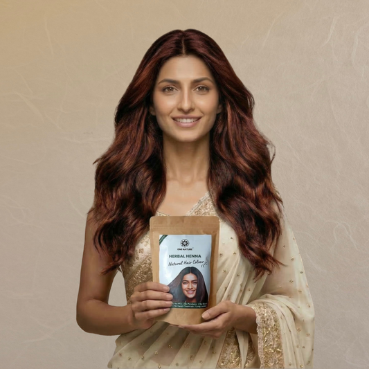 Woman holding a product package with a neutral background