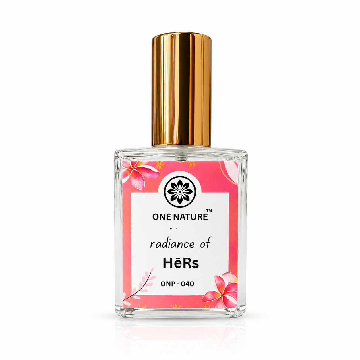 Perfume bottle labeled 'One Nature Radiance of Hers' with a gold cap on a white background