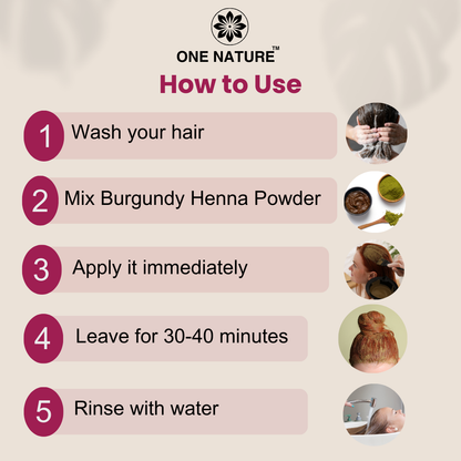 Step-by-step guide on how to use burgundy henna powder for hair, featuring One Nature brand.