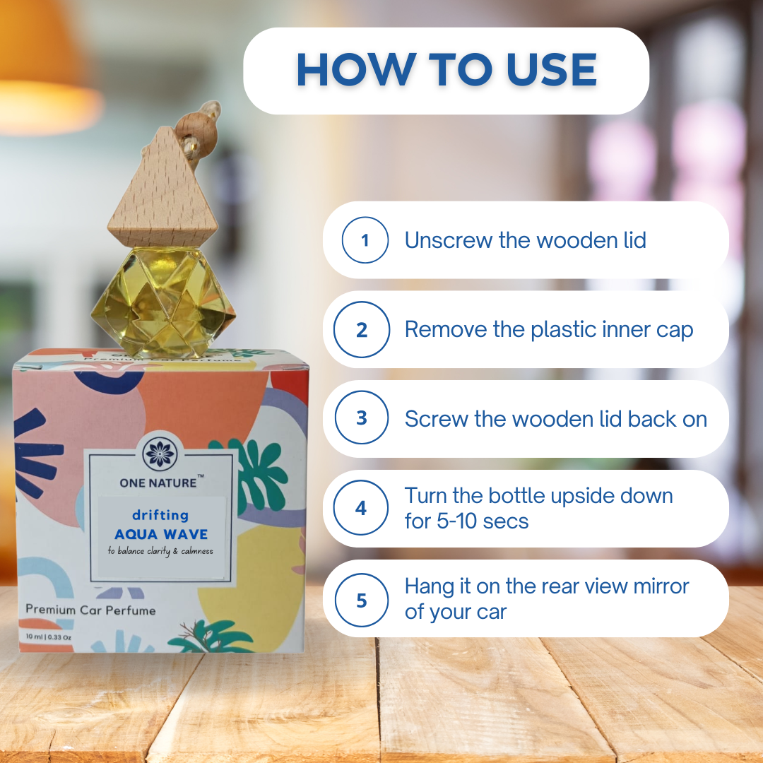 Car perfume bottle with wooden lid and instructions on how to use it.