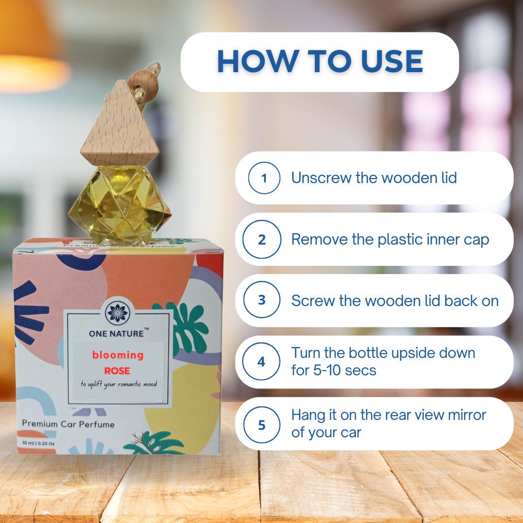 Car perfume bottle with usage instructions on a wooden surface
