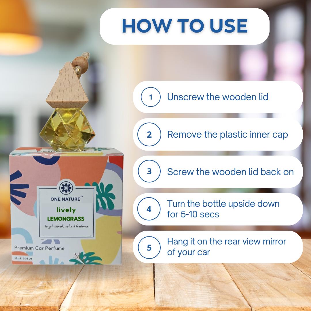 Car perfume bottle with wooden cap and colorful packaging, featuring usage instructions on a blurred background.