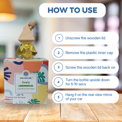 Car perfume bottle with wooden cap and colorful packaging, featuring usage instructions on a blurred background.