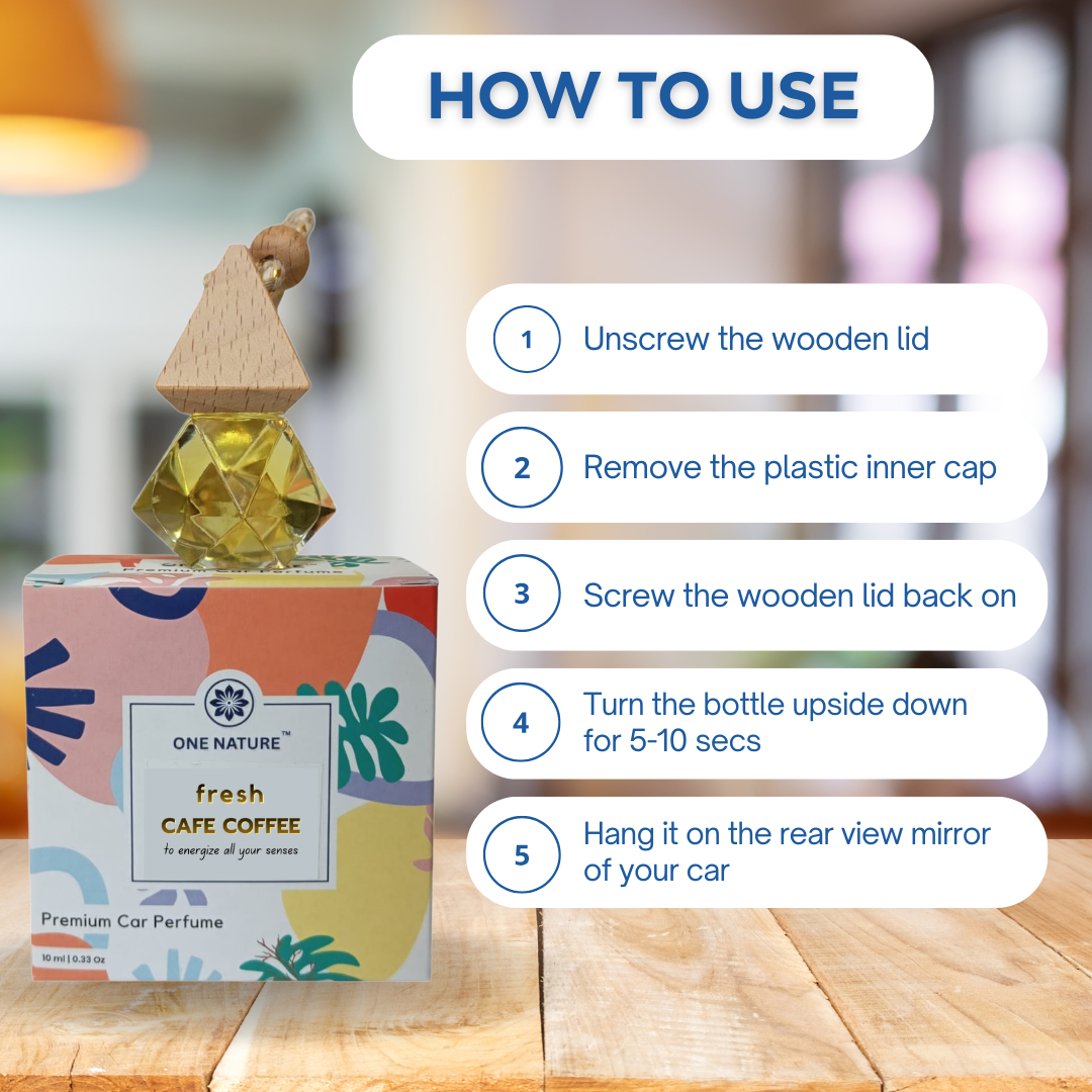 Car perfume bottle with usage instructions on a wooden surface