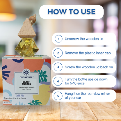 Car perfume bottle with wooden cap and colorful packaging, featuring usage instructions.