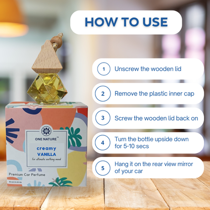 Vanilla car perfume bottle with usage instructions on a wooden surface