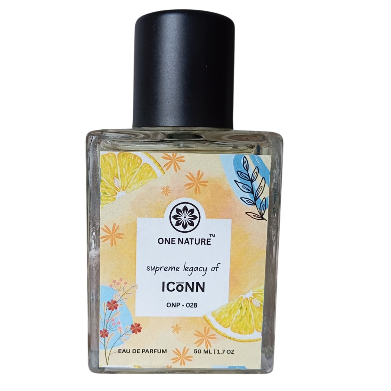 One Nature perfume bottle with floral and fruit design on a white background