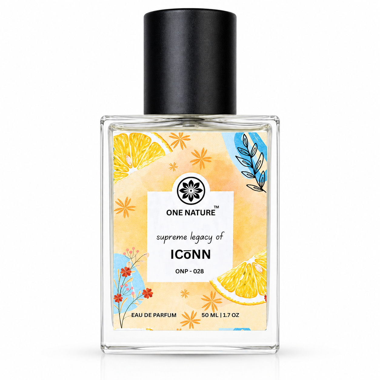 Perfume bottle with colorful label featuring floral and fruit designs on a white background