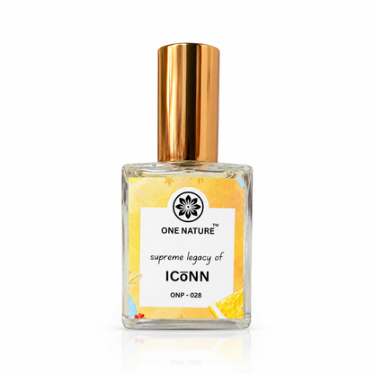 Perfume bottle with gold cap and 'ONE NATURE' label on a white background