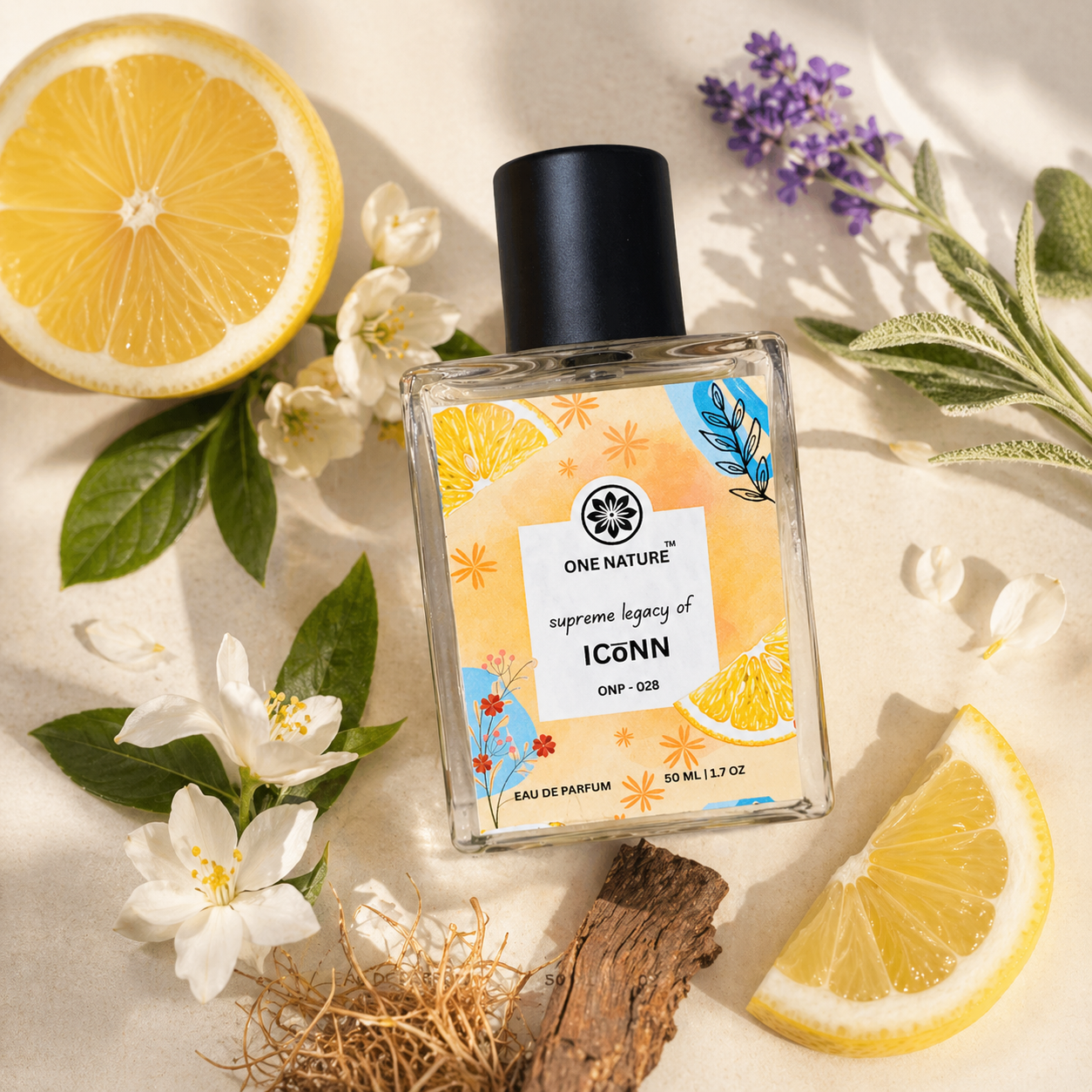 Perfume bottle with floral and lemon decorations on a light background