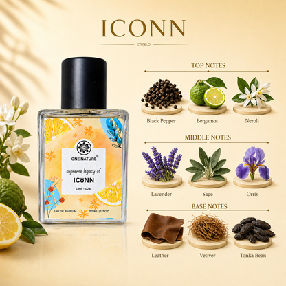 Perfume bottle with botanical elements and notes on a beige background, featuring the brand 'ICONN'.
