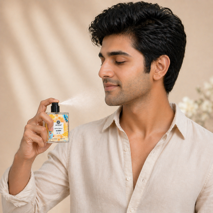 Man holding a perfume bottle against a beige background