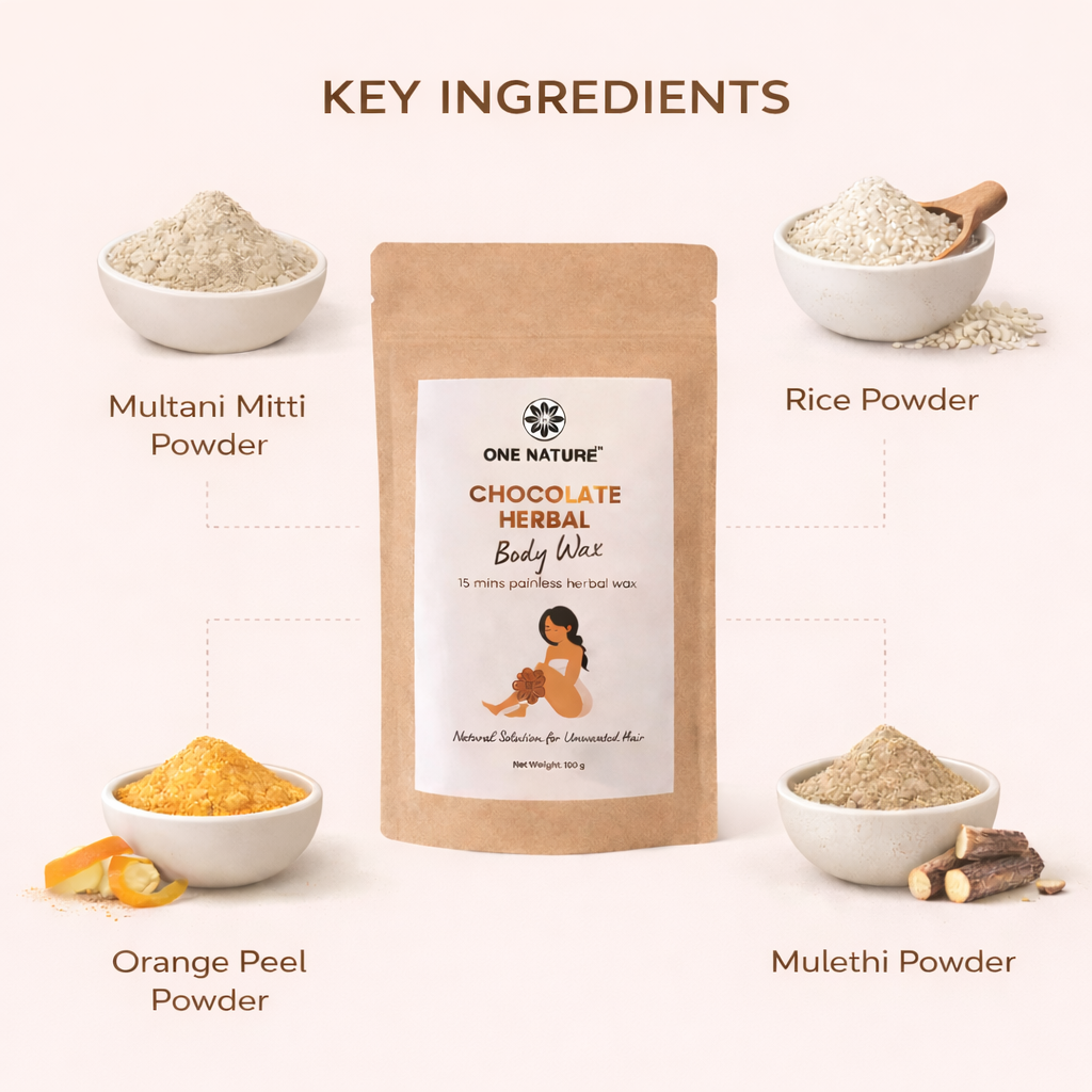 Key ingredients of a chocolate herbal body wax product including multani mitti powder, rice powder, orange peel powder, and mulethi powder.