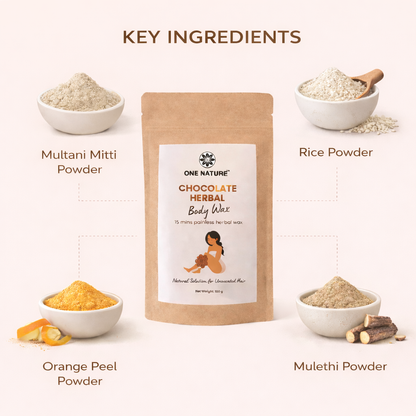 Key ingredients of a chocolate herbal body wax product including multani mitti powder, rice powder, orange peel powder, and mulethi powder.