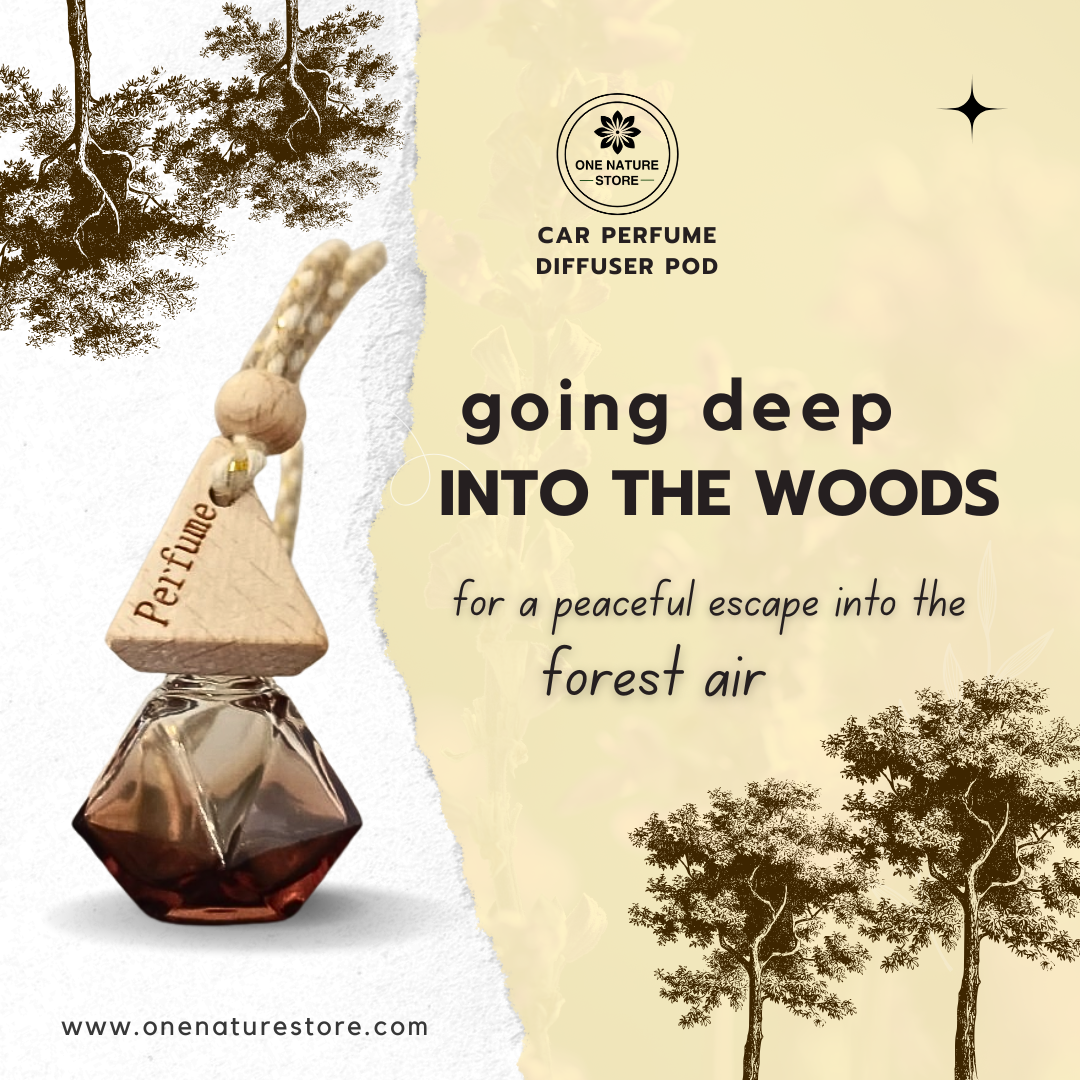 Car perfume diffuser pod with trees and text on a beige background