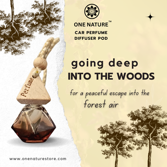 One Nature car perfume diffuser pod with trees and text on a beige background