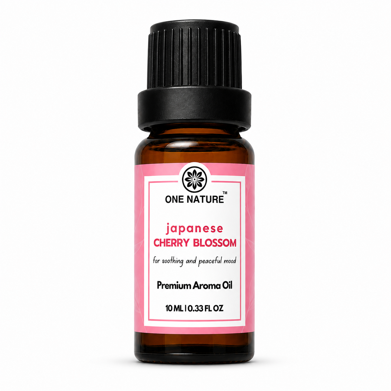 A 10 mL amber glass bottle of One Nature Japanese Cherry Blossom premium aroma oil with a black ribbed cap and a pink and white label, set against a plain white background.