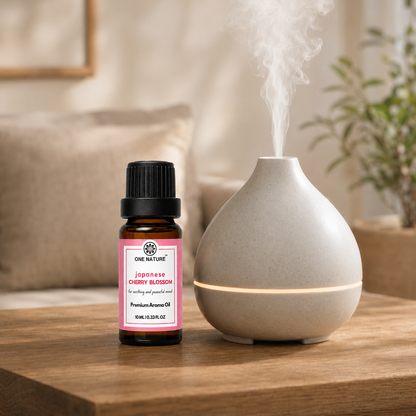 A small amber bottle of One Nature Cherry Blossom essential oil stands beside a matte gray ceramic diffuser on a wooden table, with mist rising from the diffuser in a softly lit indoor setting.