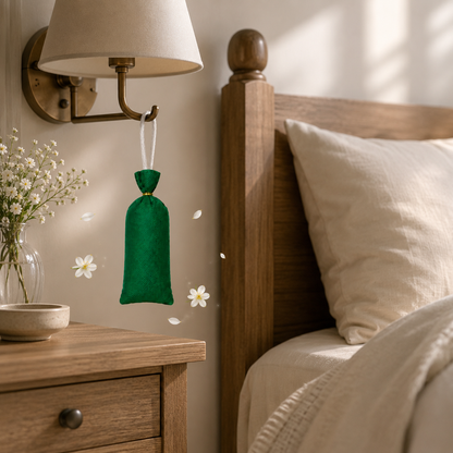 A green fabric pouch with a gold-tone ring and white hanging loop, suspended from a brass wall lamp hook in a softly lit bedroom. A wooden bed, cream bedding, and a bedside table with flowers are visible in the background.