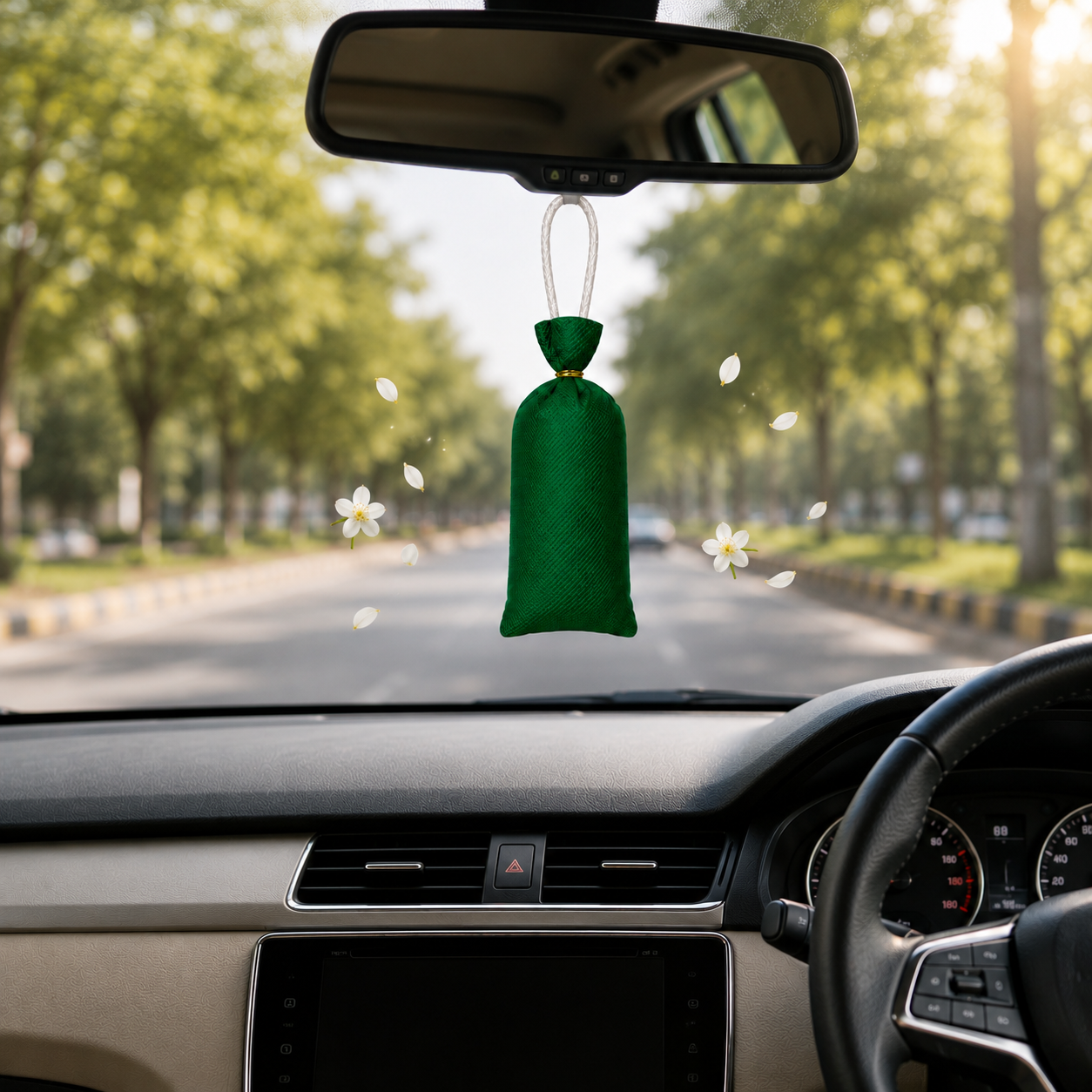 A green fabric car air freshener bag hanging from a rearview mirror inside a car, with a blurred tree-lined road visible through the windshield.