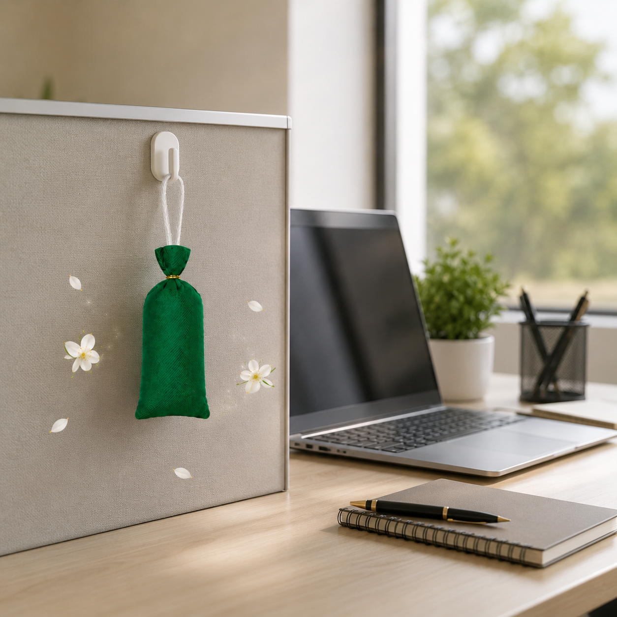A small green fabric pouch with a white hanging loop hangs on a white hook attached to a gray office cubicle wall. The scene is a real desk environment with a laptop, notebook, pen, and small plant in the background.