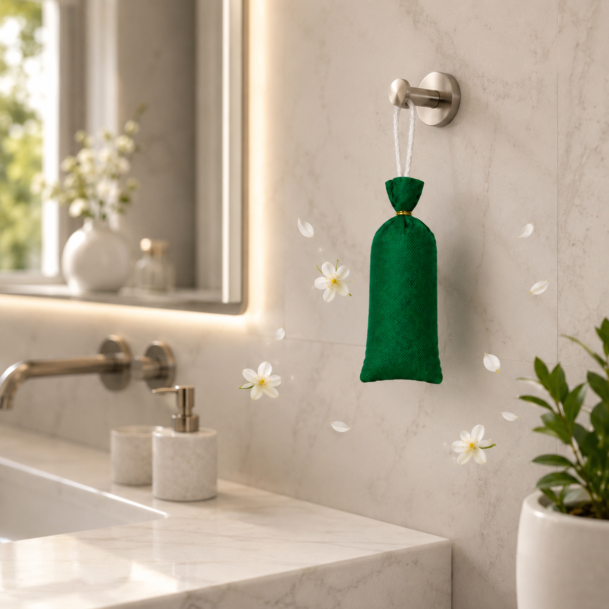 A green fabric hanging pouch with a white drawstring is mounted on a bathroom wall above a sink. The scene includes a marble countertop, soap dispenser, mirror, flowers, and a potted plant in a real indoor environment.