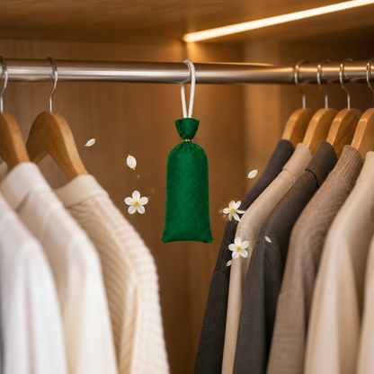 A small green fabric pouch with a white hanging loop hangs from a wooden hanger on a closet rod, surrounded by folded sweaters and a few white flower petals in a warm indoor setting.