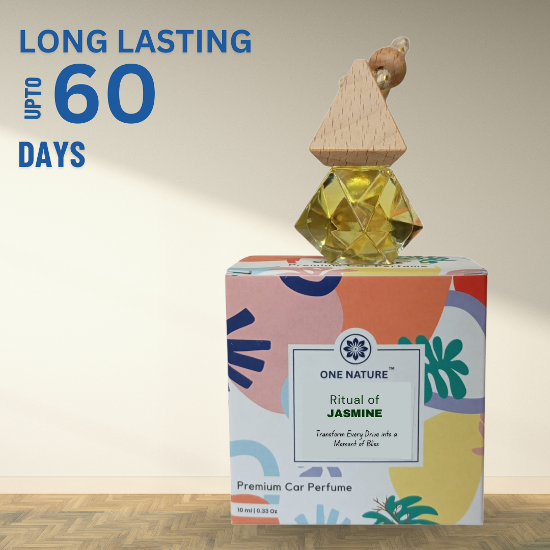 One Nature Royal Orchid premium car perfume with colorful packaging on a wooden surface.