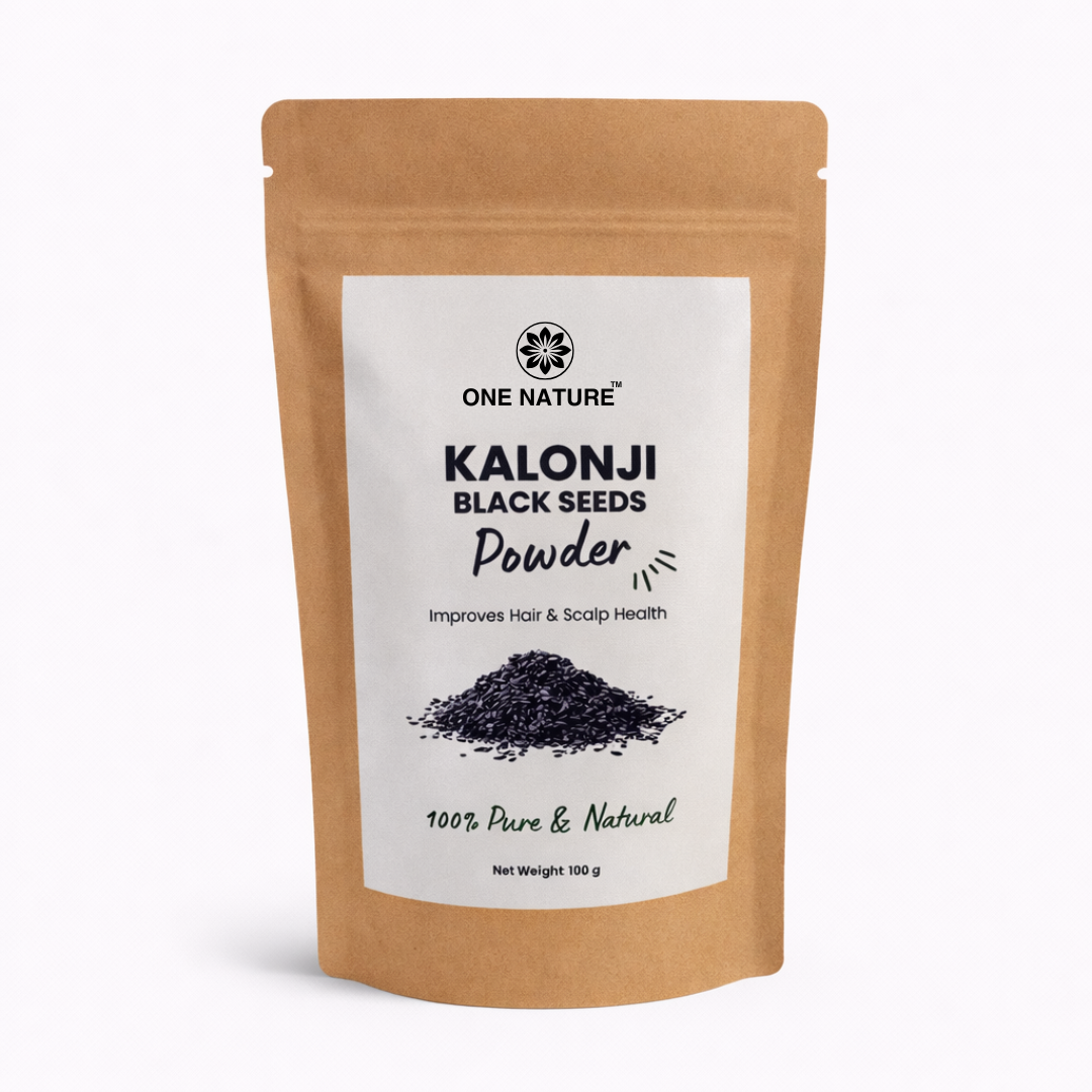Kalonji black seeds powder package with One Nature branding on a white background