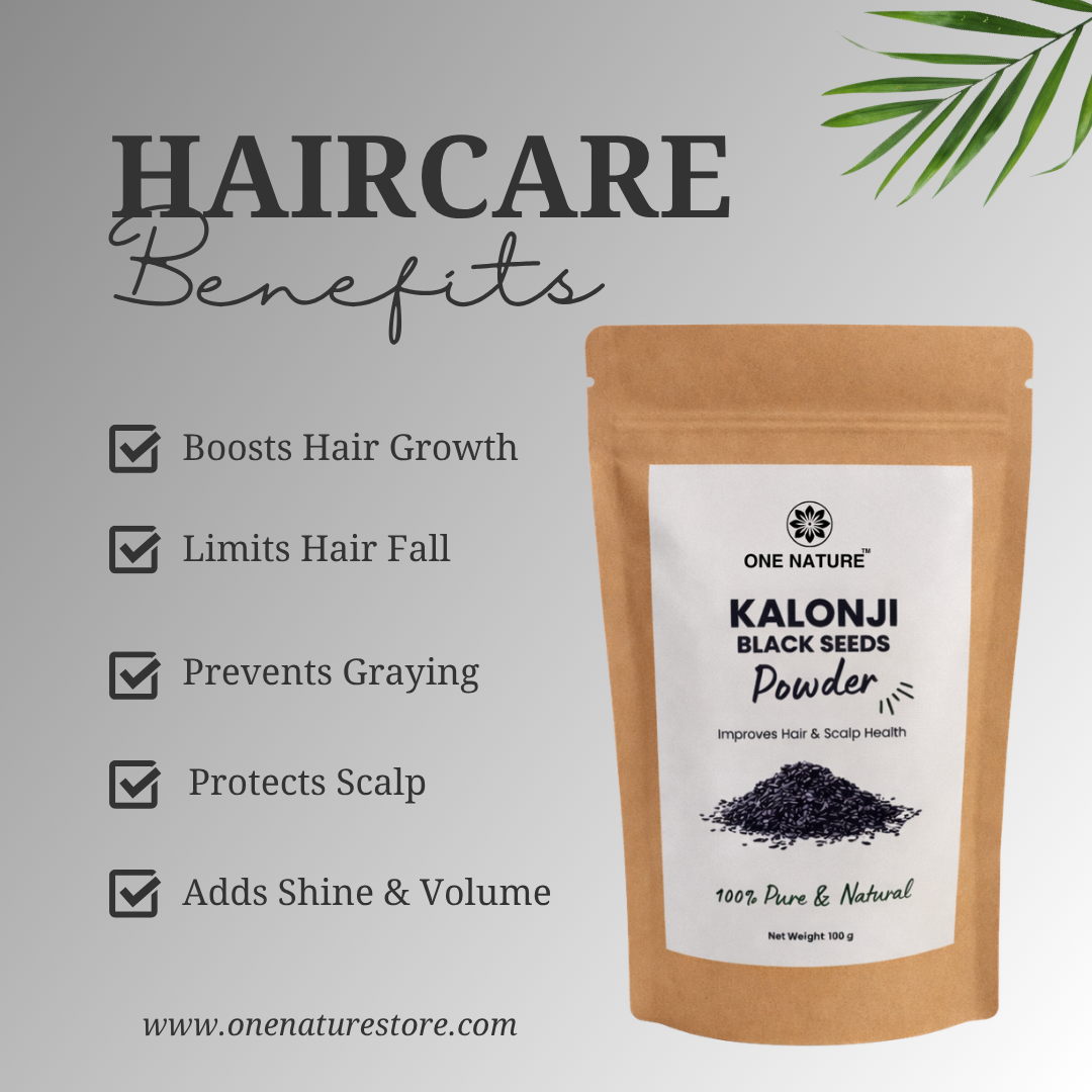Kalonji black seeds powder packaging with haircare benefits listed on a light gray background