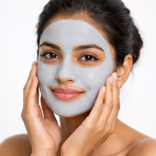 Woman applying a gray facial mask on a white background