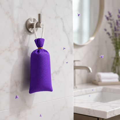 A purple textured fabric bath bomb bag hanging from a wall-mounted hook on a white marble bathroom wall, with a sink, mirror, and lavender flowers visible in the softly blurred background.