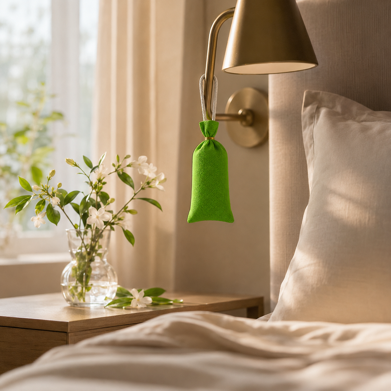 A bright green fabric drawstring pouch hangs from a brass wall-mounted lamp in a softly lit bedroom. A wooden nightstand with a glass vase of white flowers sits beside the bed, and a beige upholstered headboard and pillow are visible.