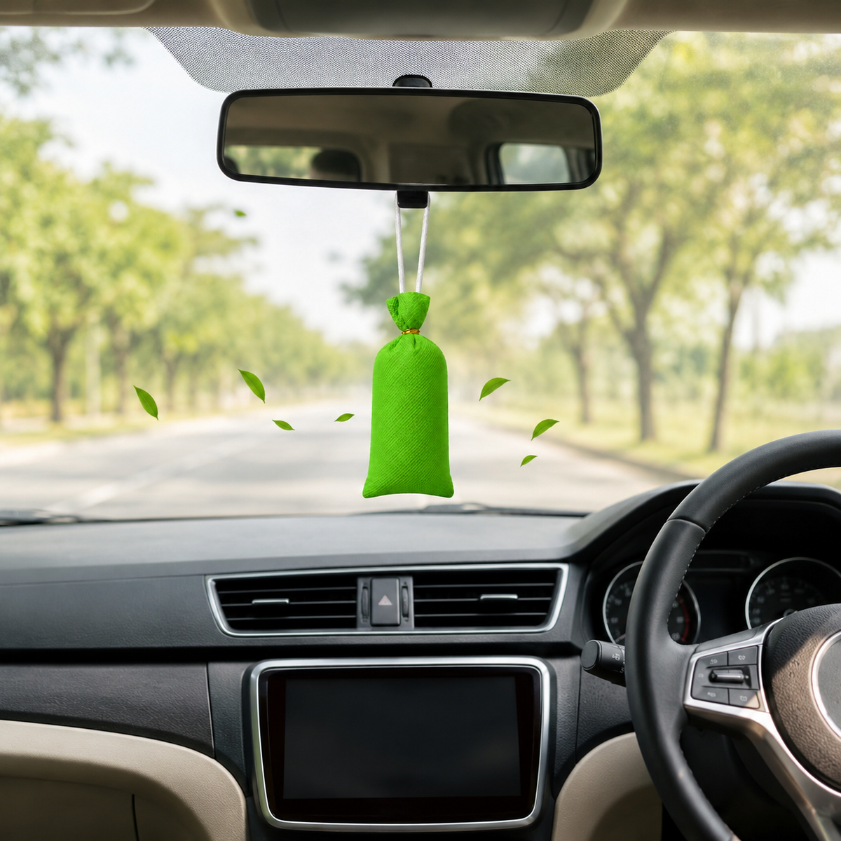 A bright green car air freshener hanging ornament suspended from the rearview mirror inside a car, with a blurred road and trees visible through the windshield.