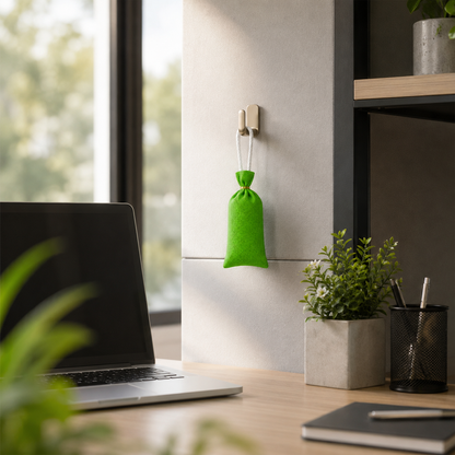 A small bright green fabric drawstring pouch hangs from two wall hooks on a light gray wall above a wooden desk with a laptop, potted plant, and pen holder.