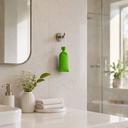 A bright green drawstring pouch hangs from a wall-mounted hook in a clean, modern bathroom setting with marble countertops, a mirror, and a glass shower door.