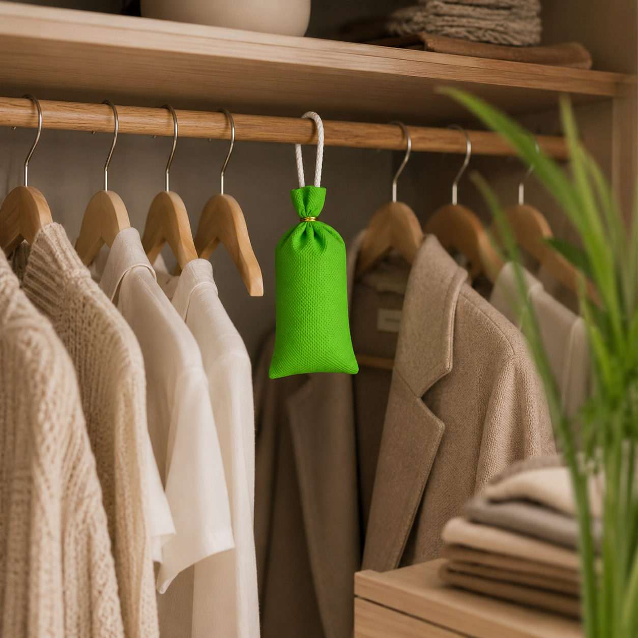 A small bright green fabric hanging bag with a white loop hangs from a wooden closet rod, surrounded by hanging sweaters, shirts, and jackets in a softly lit closet setting.
