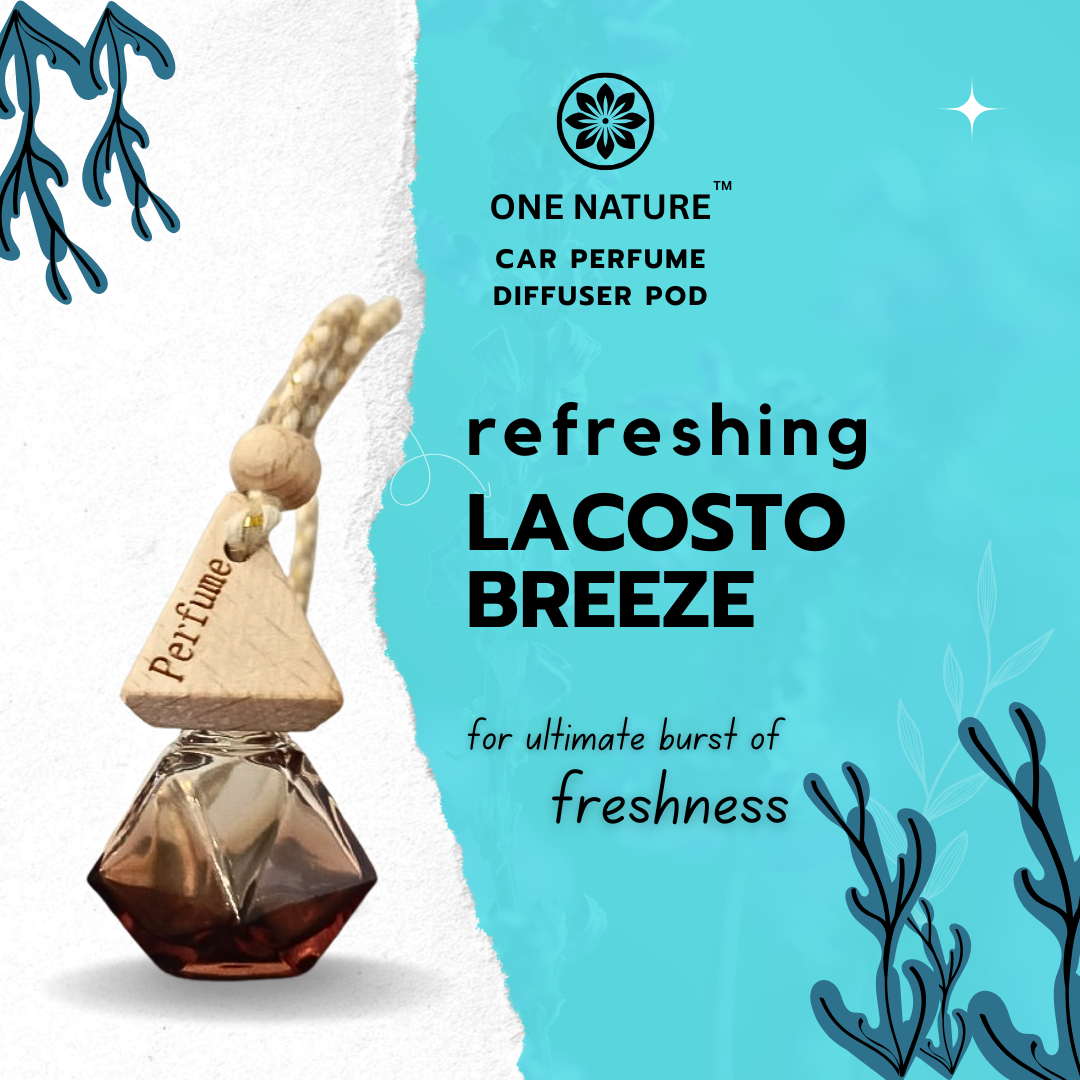 One Nature Car Perfume Diffuser Pod with Lacosto Breeze fragrance on a light blue and white background.