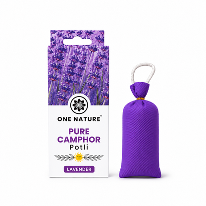 One Nature Pure Camphor Potli in lavender scent, shown with its retail packaging box and the purple fabric potli bag with a white hanging loop on a white background.