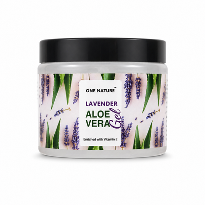 Jar of lavender aloe vera gel with a black lid on a white background