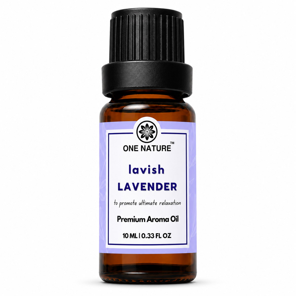 A 10 mL amber glass bottle of One Nature Lavish Lavender Premium Aroma Oil with a black ribbed cap and a lavender-colored label, shown on a white background.
