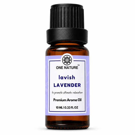 A 10 mL amber glass bottle of One Nature Lavish Lavender Premium Aroma Oil with a black ribbed cap and a lavender-colored label, shown on a white background.