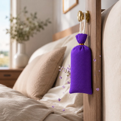 A purple fabric diffuser bag with a gold collar hangs from a brass doorknob on a wooden bed frame, next to beige bedding and pillows in a softly lit bedroom.